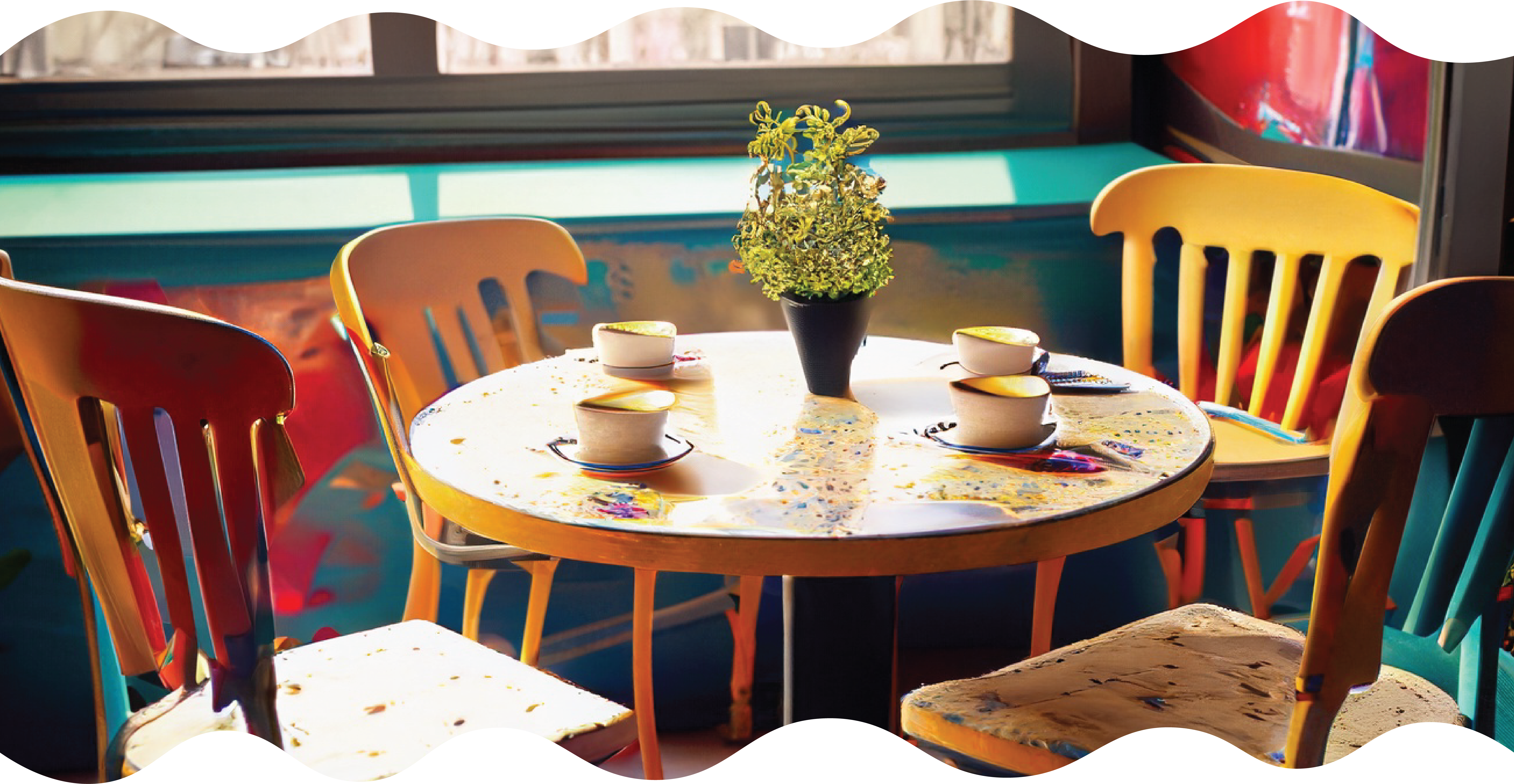 Inside a colorful cafe